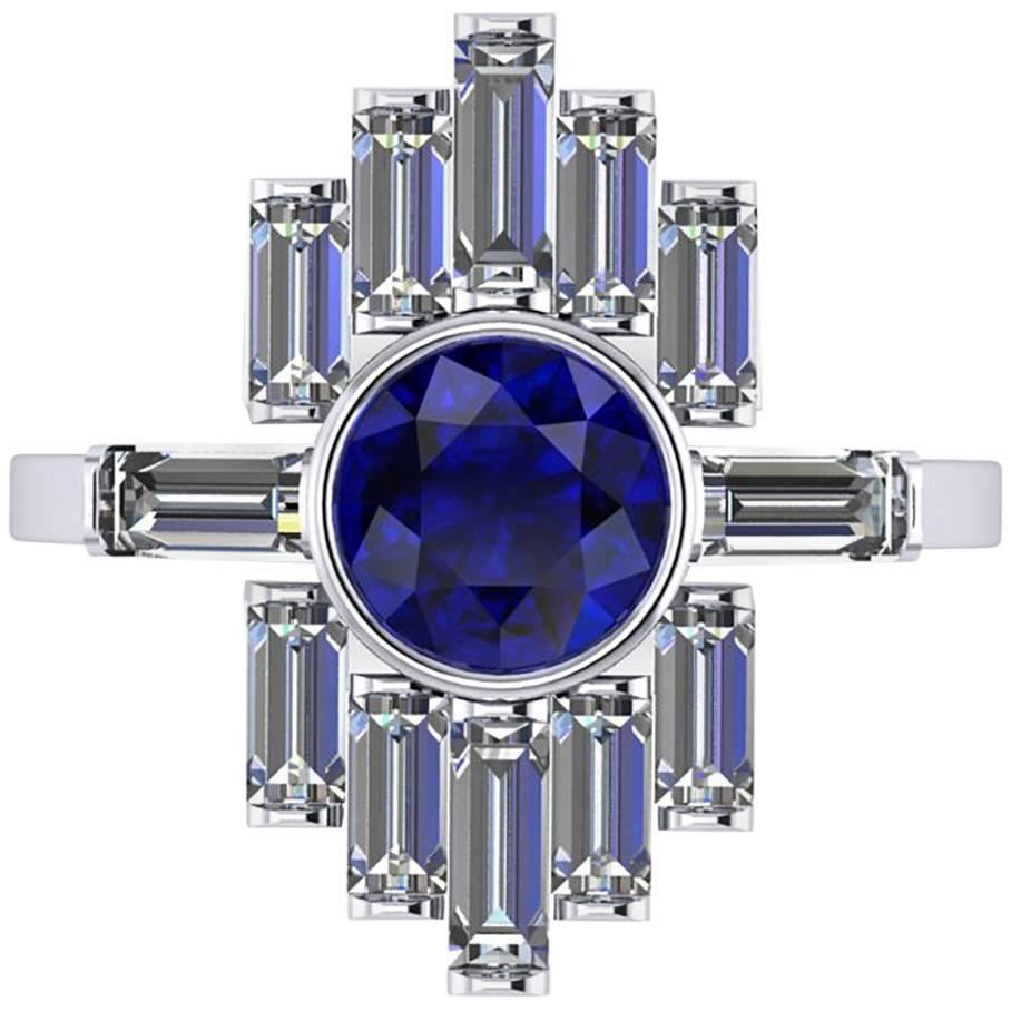 Ferrucci 1.34 Carat Blue Sapphire and Diamond Baguettes Platinum Ring