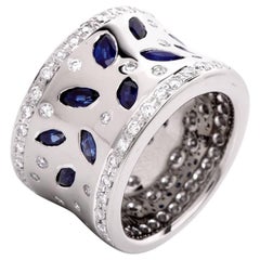 Modern Wide High Polish Diamond and Sapphire Gold Band Ring