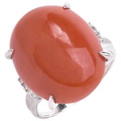 Vintage Natural Red Coral Platinum Diamond Ring