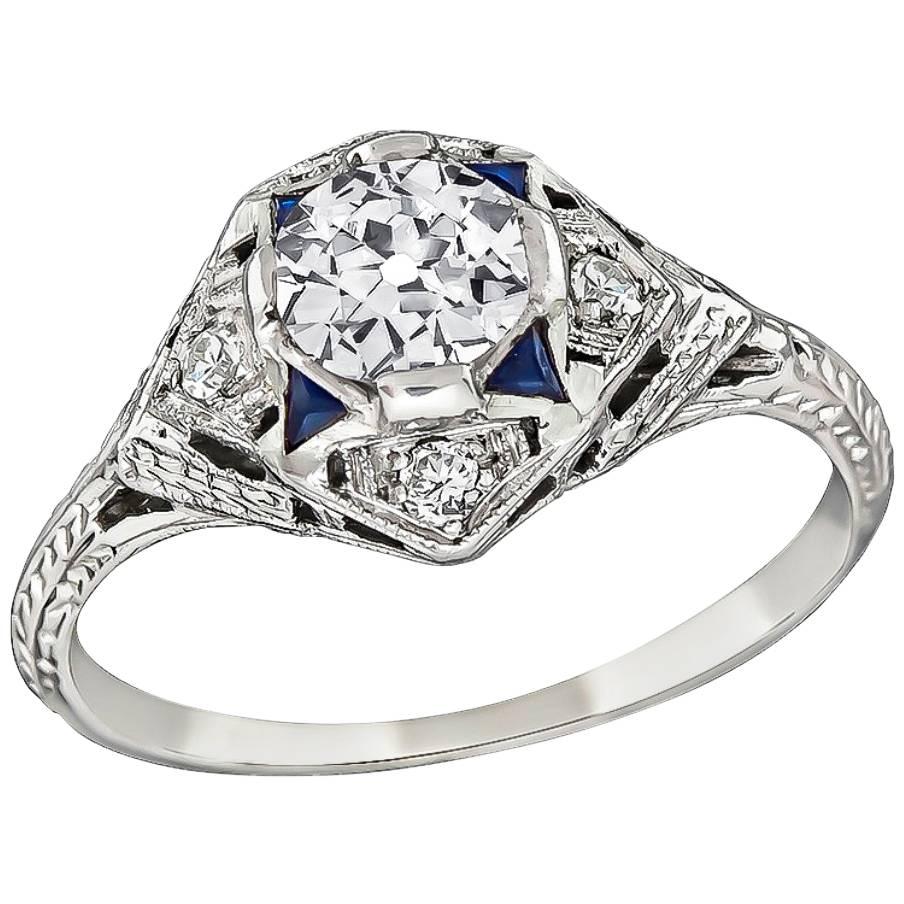 Art Deco 0.65 Carat GIA Diamond Sapphire Engagement Ring