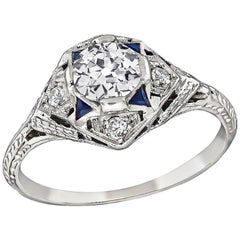 Art Deco 0,65 Karat GIA Diamant Saphir Verlobungsring