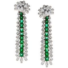 1960s Hanging Diamonds Emeralds Platinum Hanging Earrings