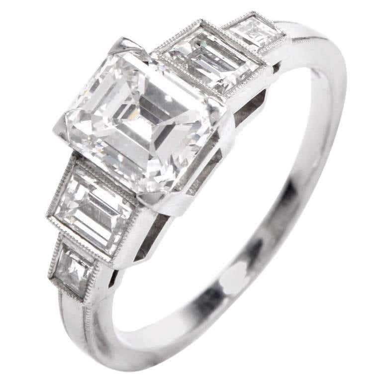 Art Deco Emerald Cut Diamond Engagement Ring at 1stdibs