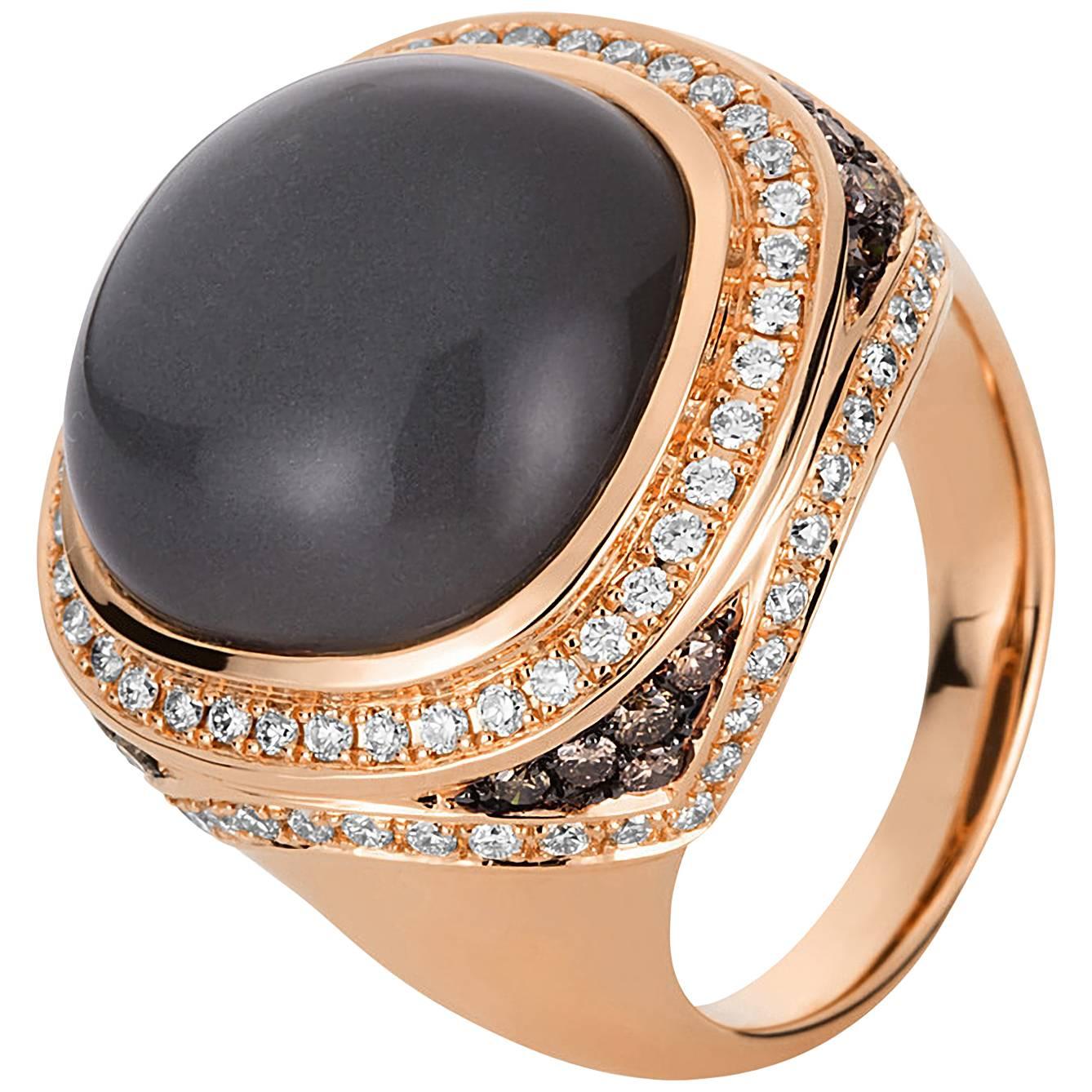 Carlos Udozzo, 18 Karat Gold Mens Brown Diamonds Grey Moonstone Statement Ring For Sale