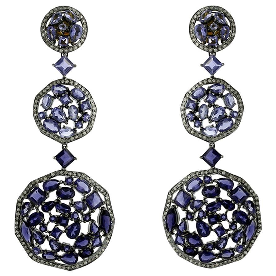 Iolite and Diamond Dangle Earring For Sale