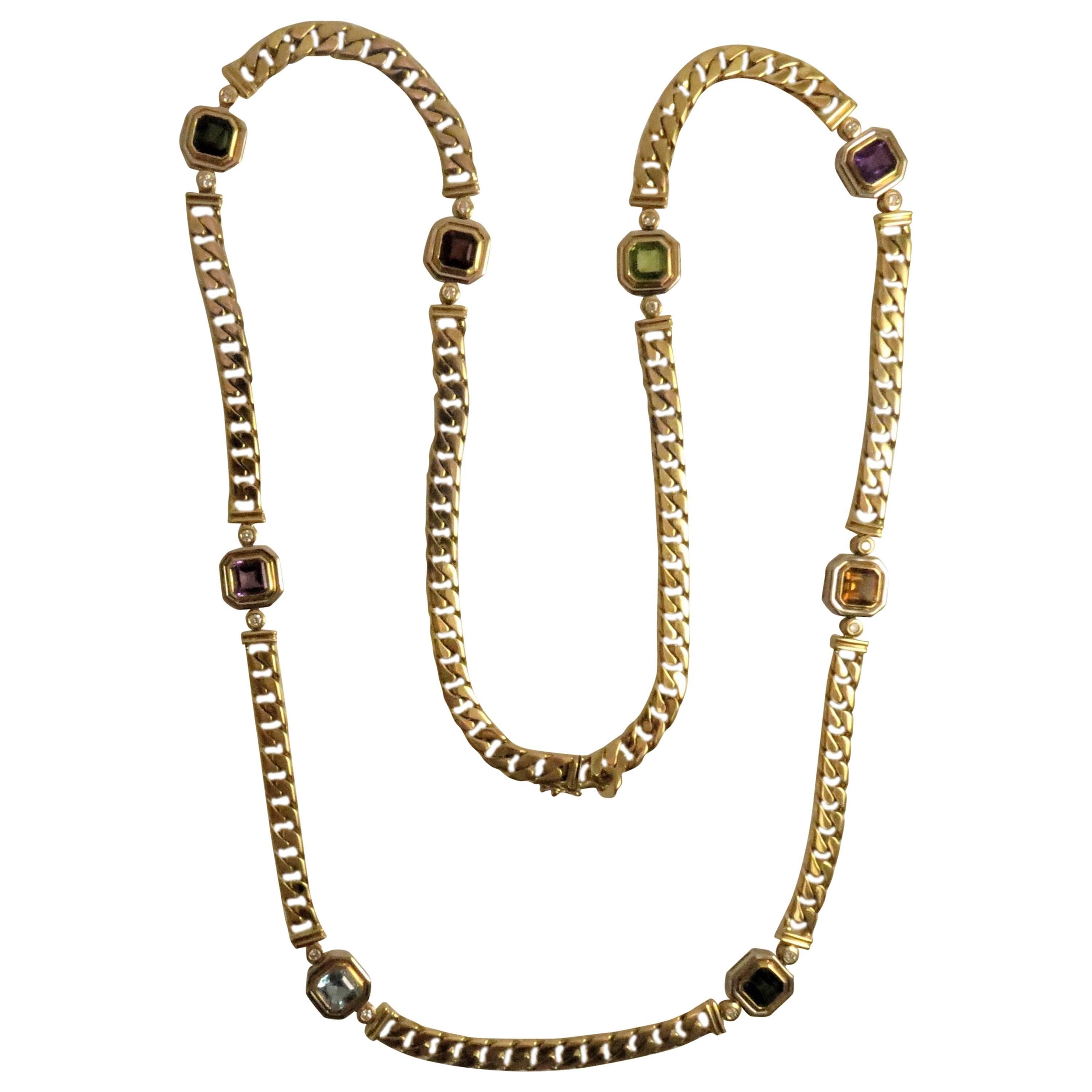 18 Karat Yellow Gold Multi-Color Semi Precious Color Stone and Diamond Necklace