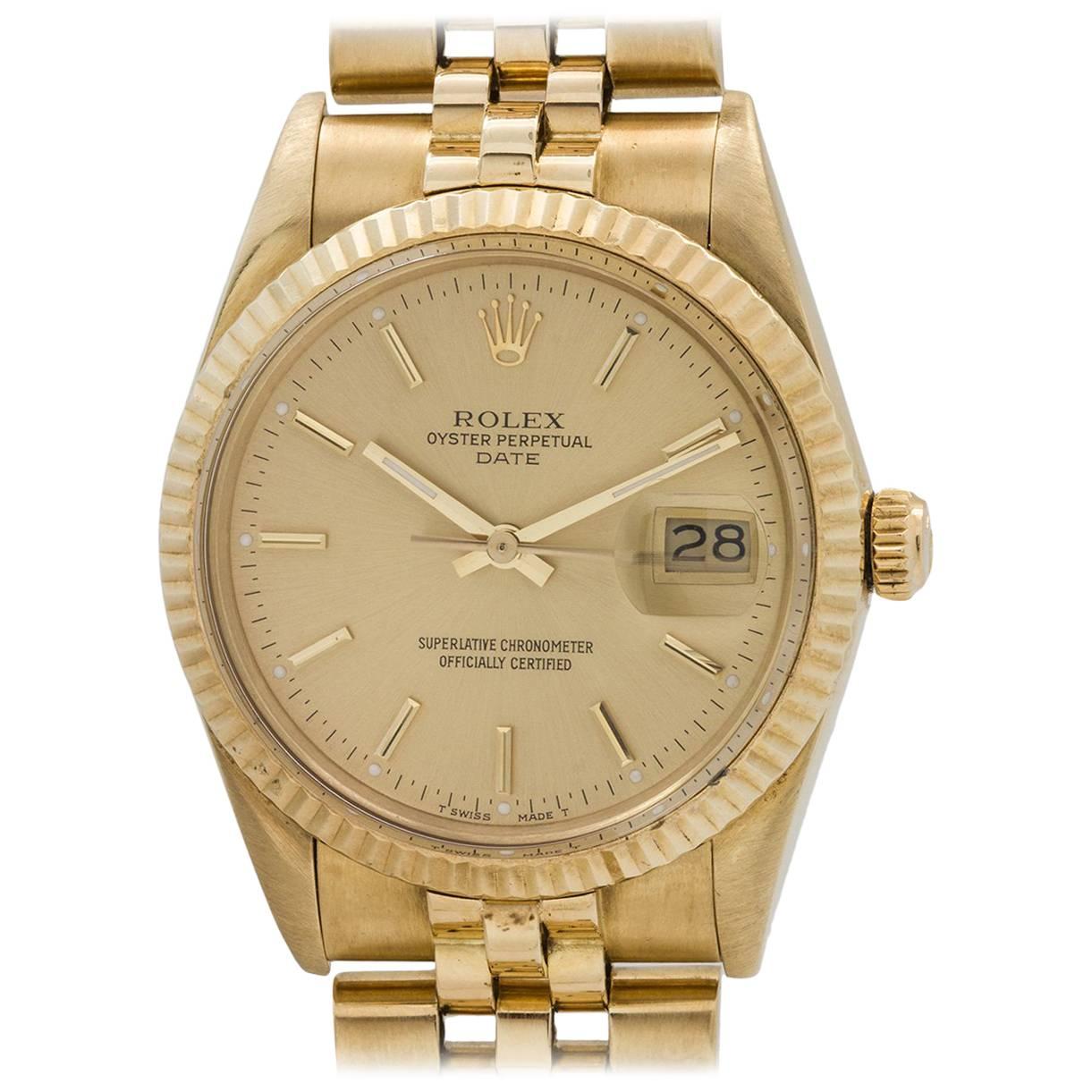 Rolex Yellow Gold Oyster Perpetual Date Wristwatch Ref 15037, circa 1986