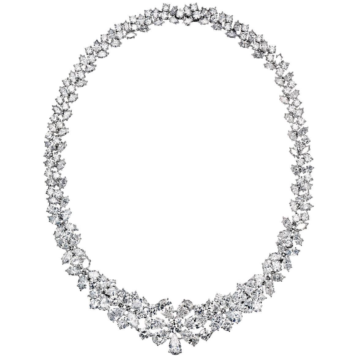 76 Carat Pear Cut, Marquise Cut, and Round Cut Diamond Collar Platinum Necklace For Sale