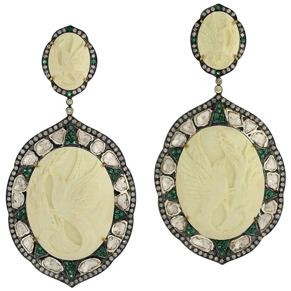 Beautiful Bird Cameo Earring with Diamonds and Emeralds For Sale