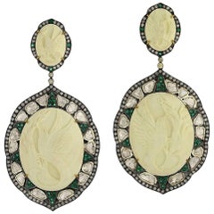 Beautiful Bird Cameo Earring with Diamonds and Emeralds