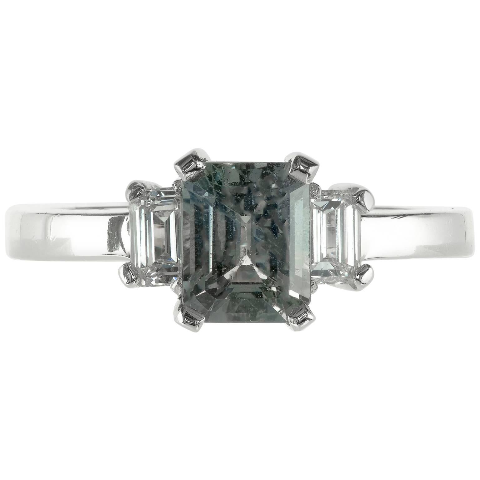 GIA Certified 1.42 Carat Blue Green Sapphire Diamond Engagement Ring
