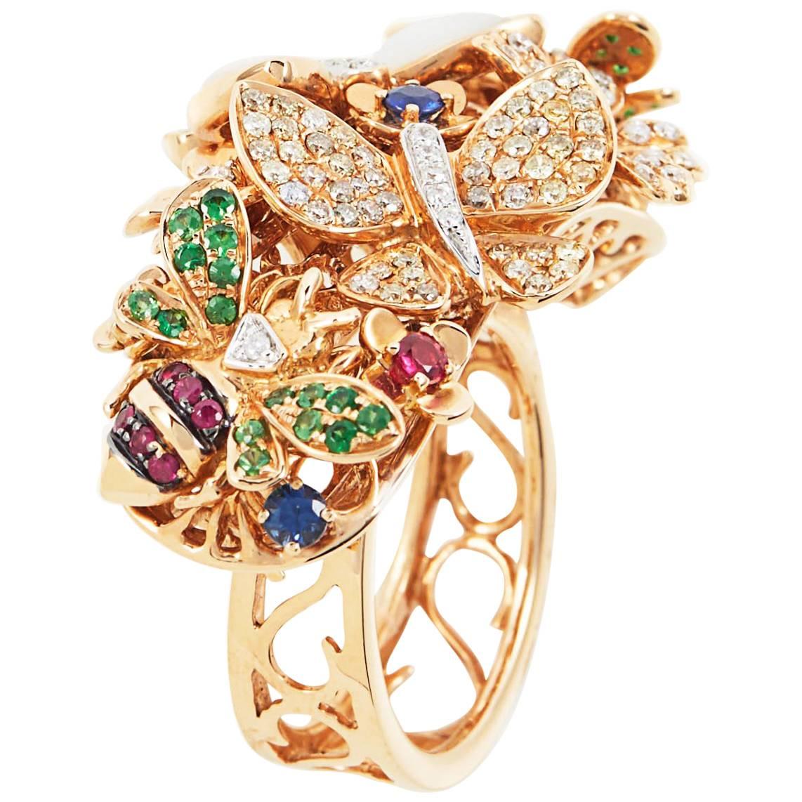 SAM.SAAB Butterfly Bouquet Motif in Yellow Gold with Multiple Colored Gems For Sale