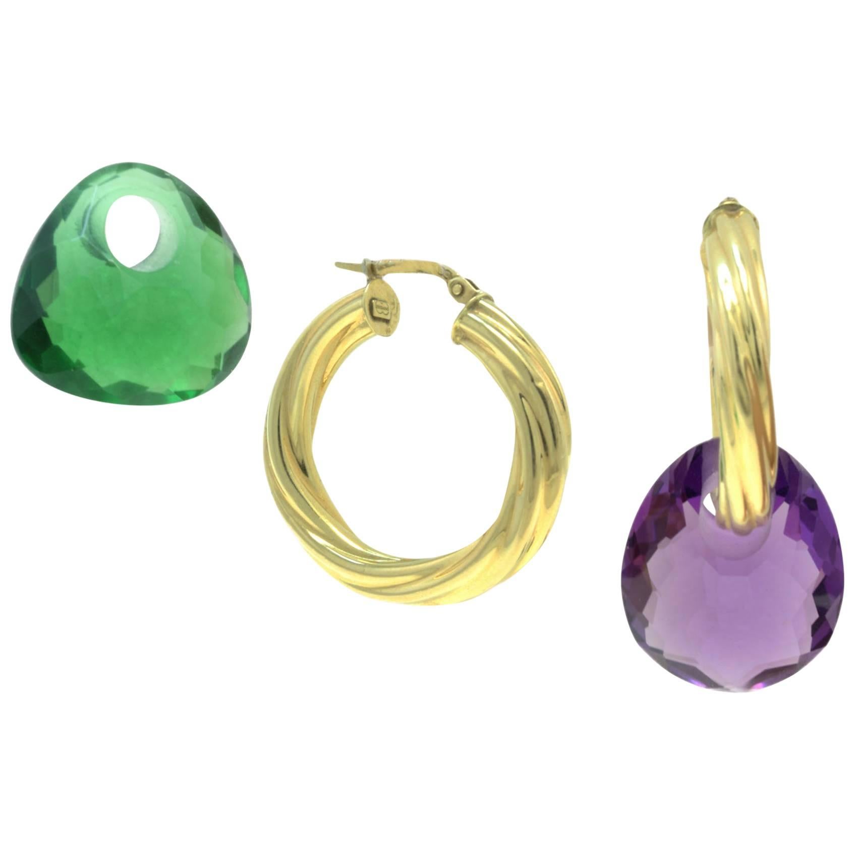 Yellow 18 Karat Gold and Green/Purple Quartz Hoop / Dangle Earrings