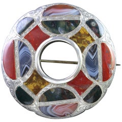 Antique Victorian Round Scottish Plaid Agate Brooch, circa 1860