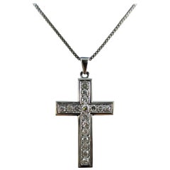 Vintage French White Gold and Diamonds Necklace with a Cross