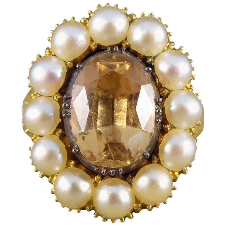 Mid-Victorian Antique Orange Topaz and Pearl 18 Carat Gold Statement Ring