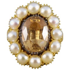 Mid-Victorian Antique Orange Topaz and Pearl 18 Carat Gold Statement Ring