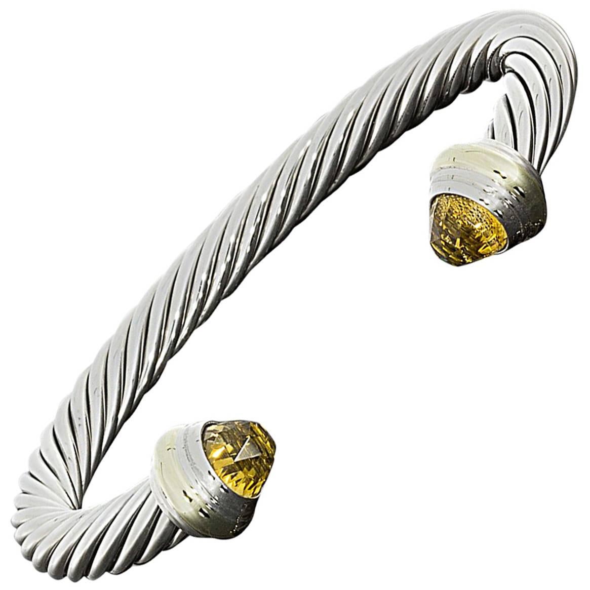 David Yurman Sterling Silver and Gold Citrine Cable Cuff Bracelet