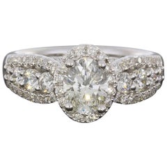 18 Karat White Gold Oval Halo Three-Row Diamond Engagement Ring