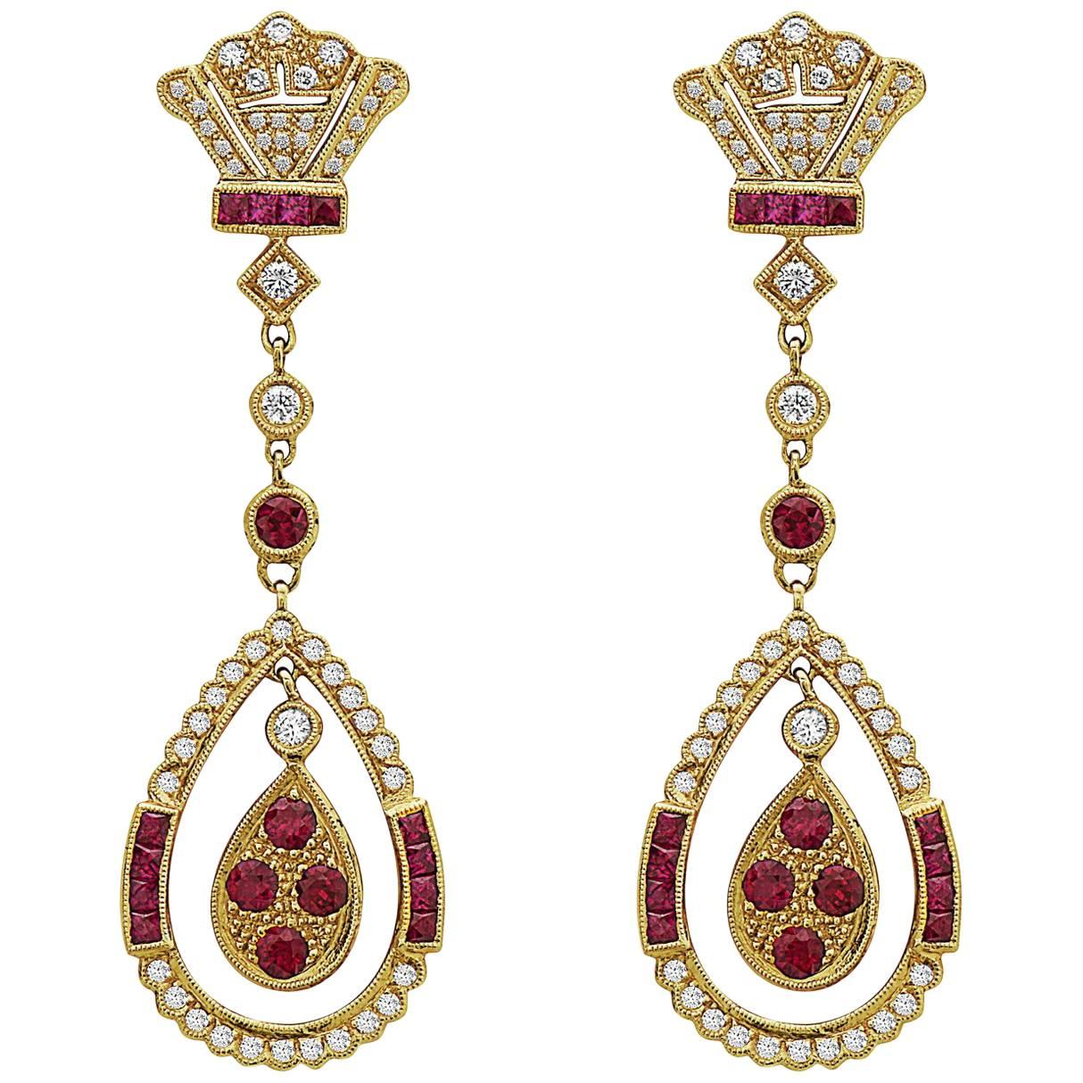 Emilio Jewelry 18 Karat Yellow Gold Ruby Diamond Earrings