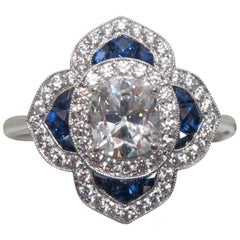 EGL Certified Cushion Cut Diamond and Sapphire Ring