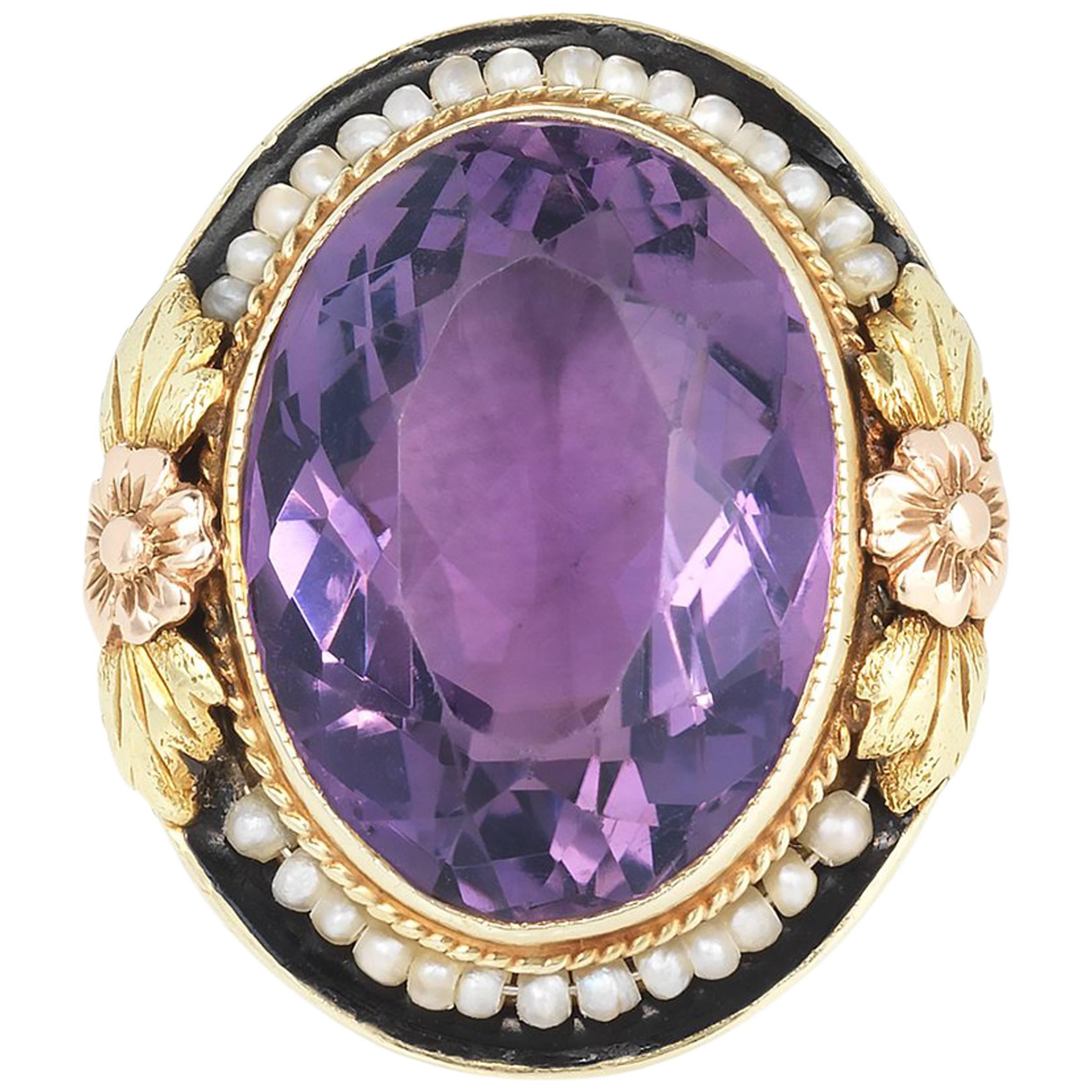Vintage Yellow Gold Amethyst and Seed Pearl Ring
