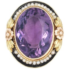 Antique Yellow Gold Amethyst and Seed Pearl Ring