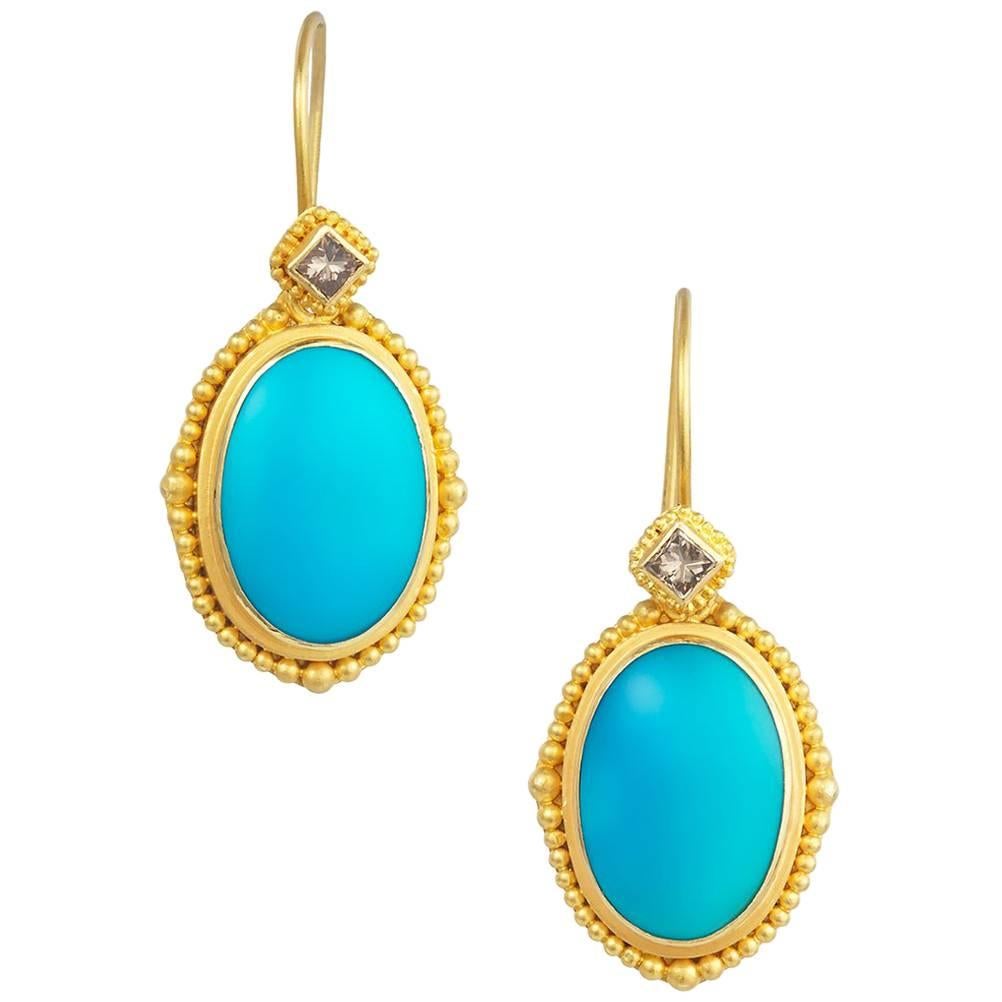 Granulated Yellow Gold, Turquoise and Brown Diamond Drop Earrings