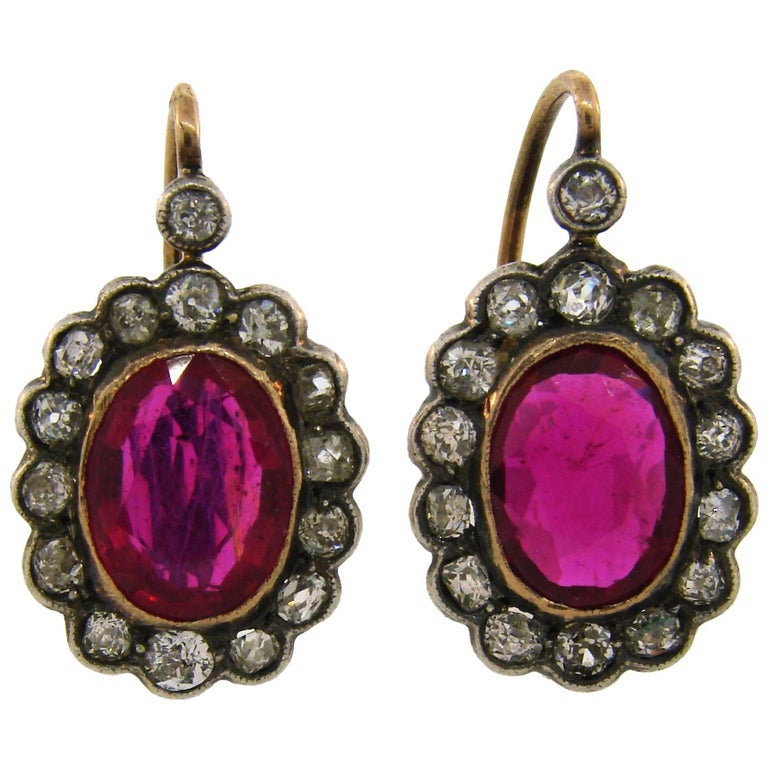 Antique Ruby Diamond Silver Gold Cluster Drop Stud Earrings For Sale at