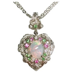 Matsuzaki PT900 K18WG Opal Pink Sapphire Green Garnet Diamond Pendant Necklace