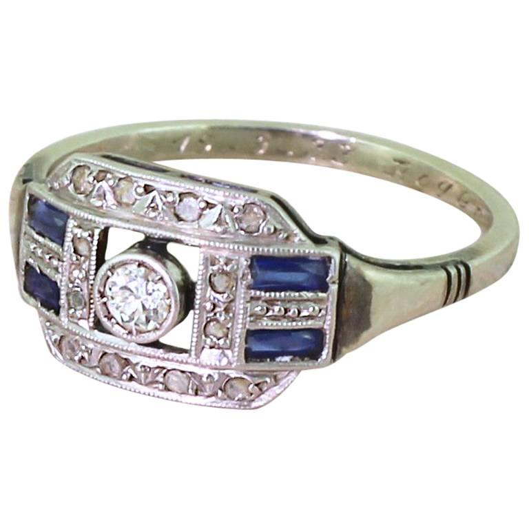 Art Deco Old Cut Diamond and Baguette Cut Sapphire Ring, French, Dated 1933