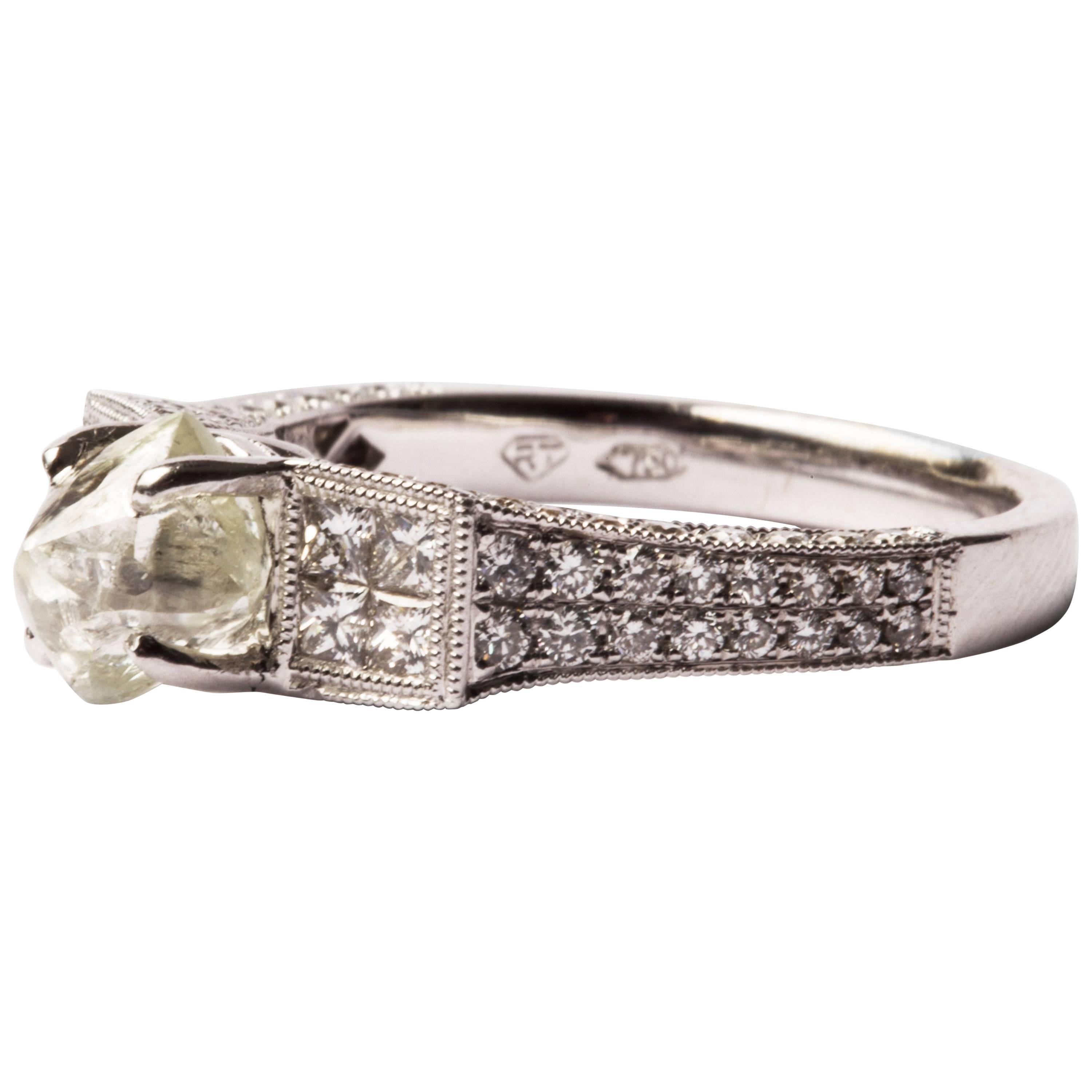 1.87 Carat  Rough White and 1.04 Carat Diamonds White Gold Engagement Ring For Sale