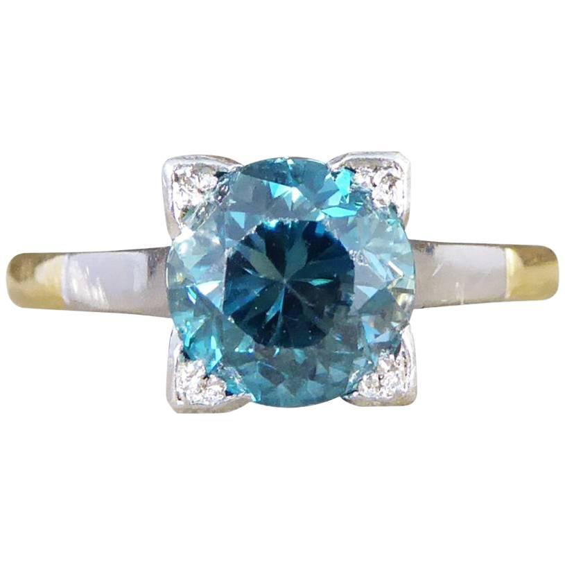 1.75 Carat Blue Zircon Art Deco Ring in 18 Carat Yellow Gold and Platinum