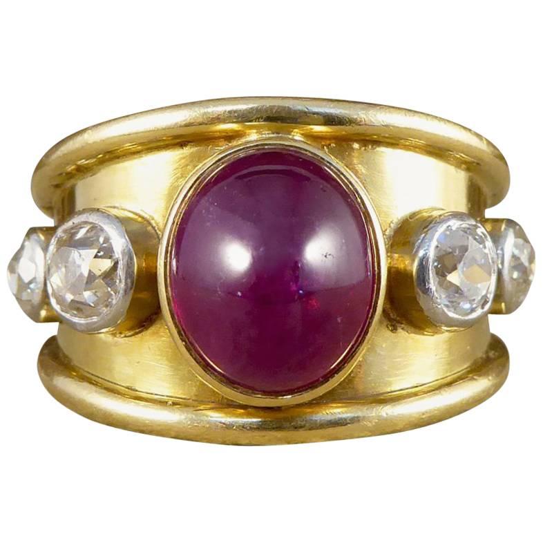 Vintage 1970s Ruby Cabochon and Diamond Ring in 18 Carat Gold