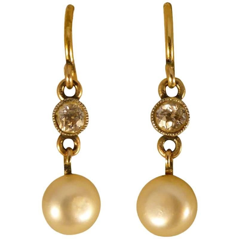 Antique Pearl and Diamond Drop Earrings in 15 Carat Gold