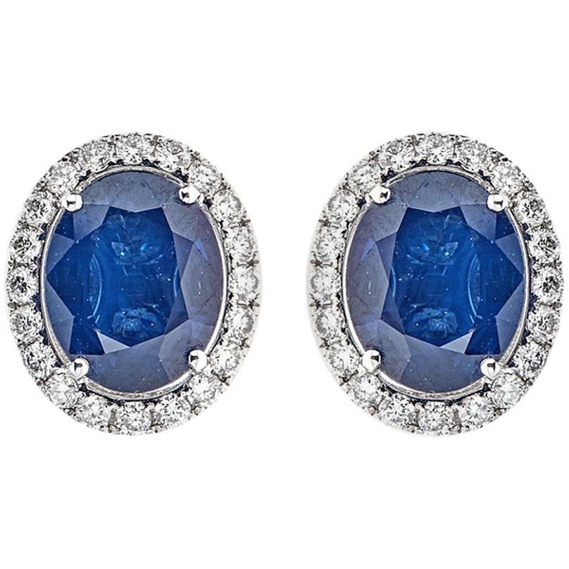 Oval Blue Sapphire with Round Diamond Earrings For Sale