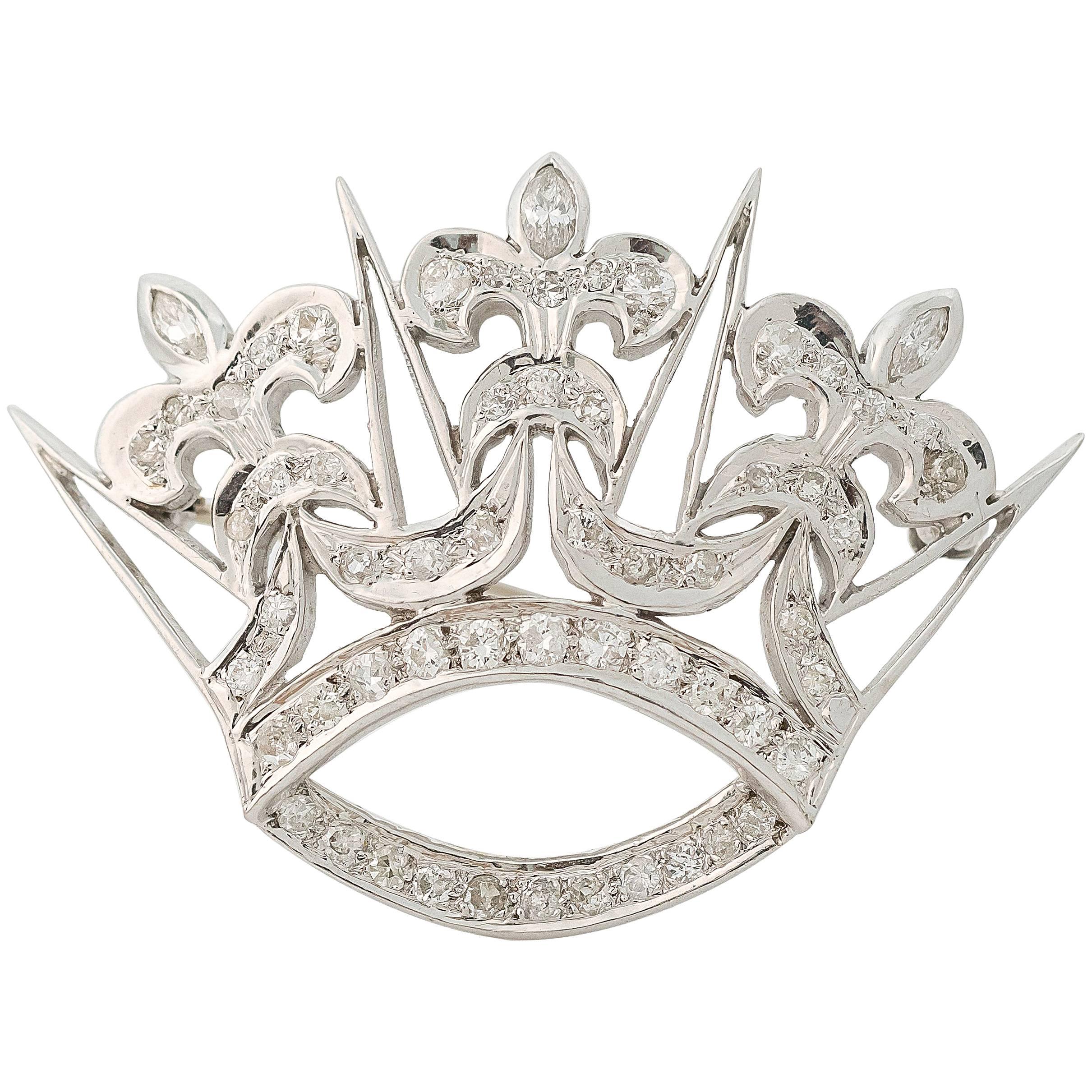 1930s Art Deco 1 Carat Diamond Fleur-de-Lis Crown Convertible Brooch
