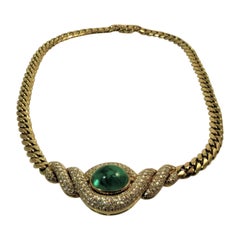 Retro 18 Karat Yellow Gold Diamond and Cabochon Emerald Necklace