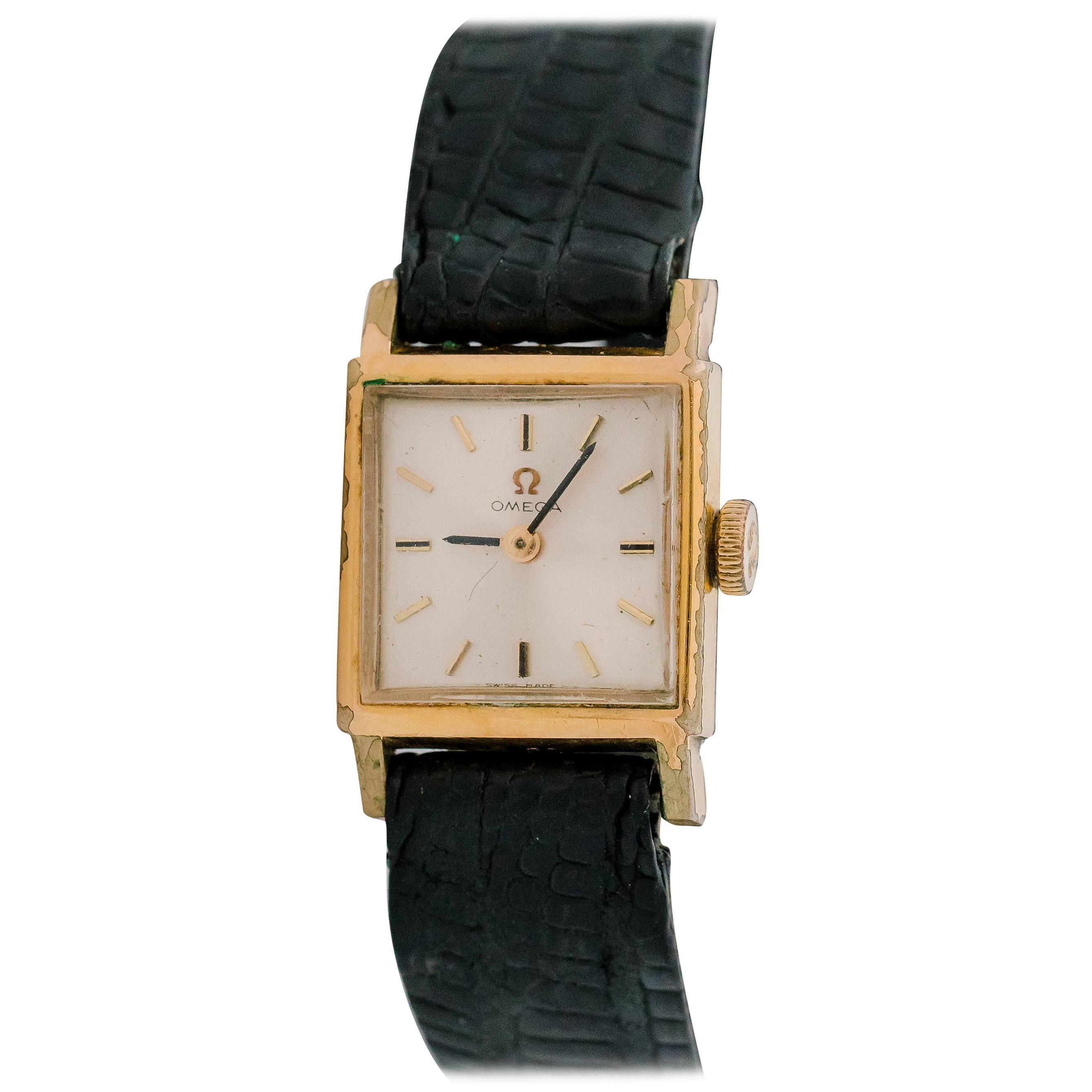 1950s Omega Square Tank 14K Gold Ladies Wristwatch
