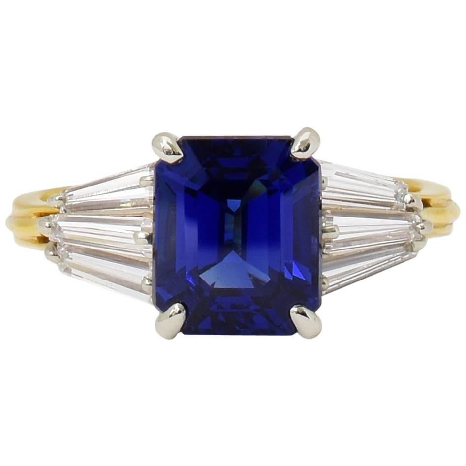 AGL Certified 3.77 Carat Blue Sapphire Diamond Yellow Gold Ring For Sale