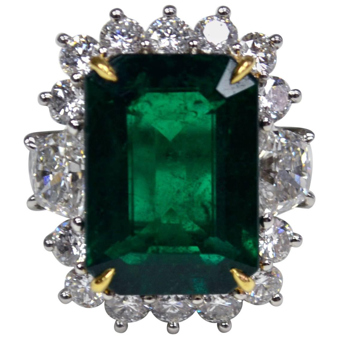 7.78 Carat Emerald Cut Emerald Diamond Platinum Engagement Ring For Sale