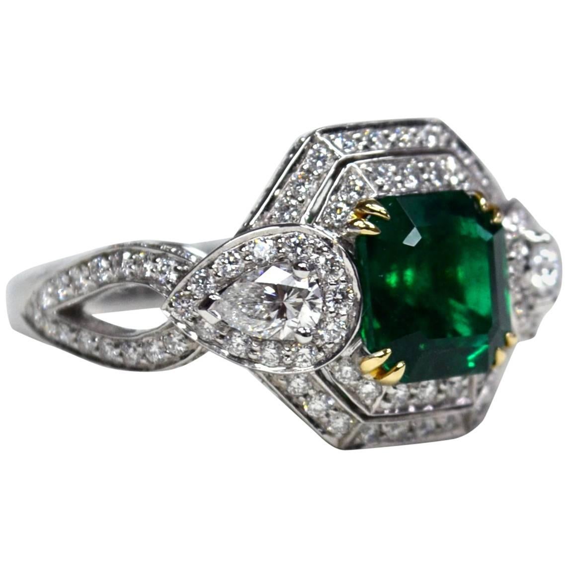 Emerald Cut Emerald Diamond 18 Karat Gold Engagement Ring For Sale
