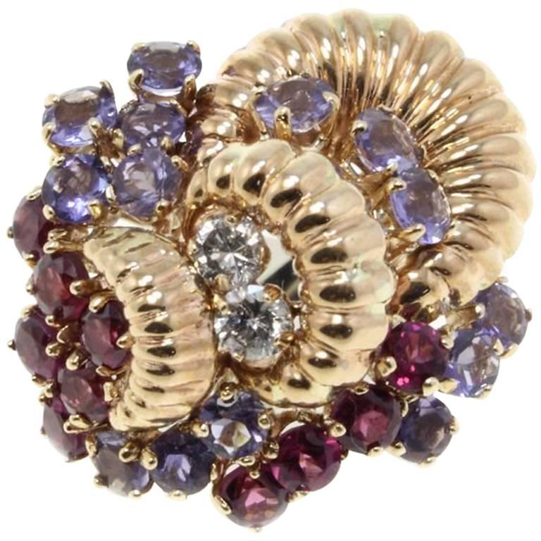 Rose Gold Garnets Ioliote and Diamonds Cluster Ring