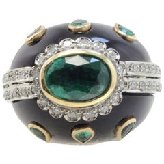 Onyx Emerald Rose and White Gold Diamonds Dome Ring