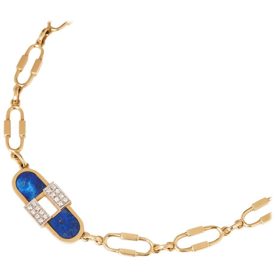 Cartier 18 Karat Yellow Gold Lapis Lazuli & Diamond Vintage Necklace 