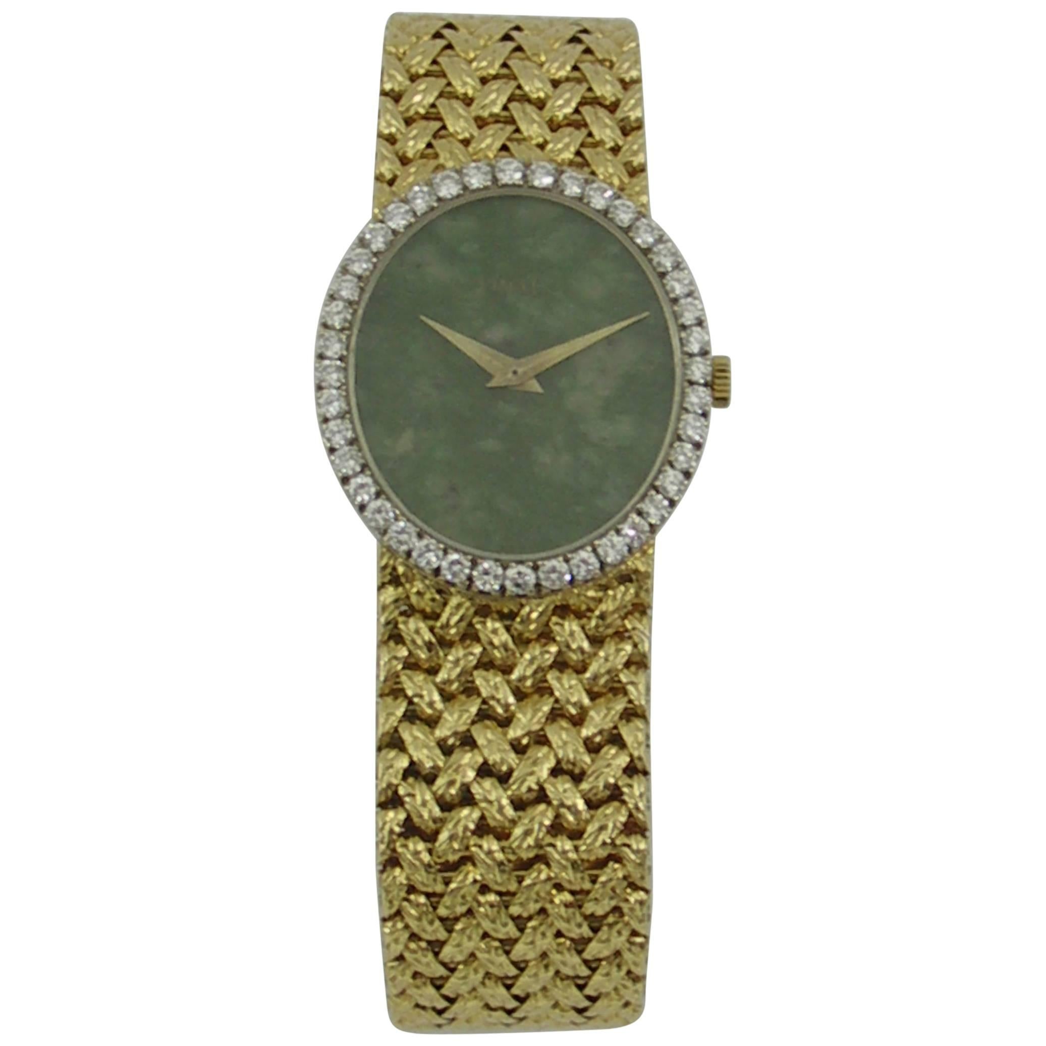 Piaget Yellow Gold Diamond Bezel Jade Dial Woven Bracelet Wristwatch