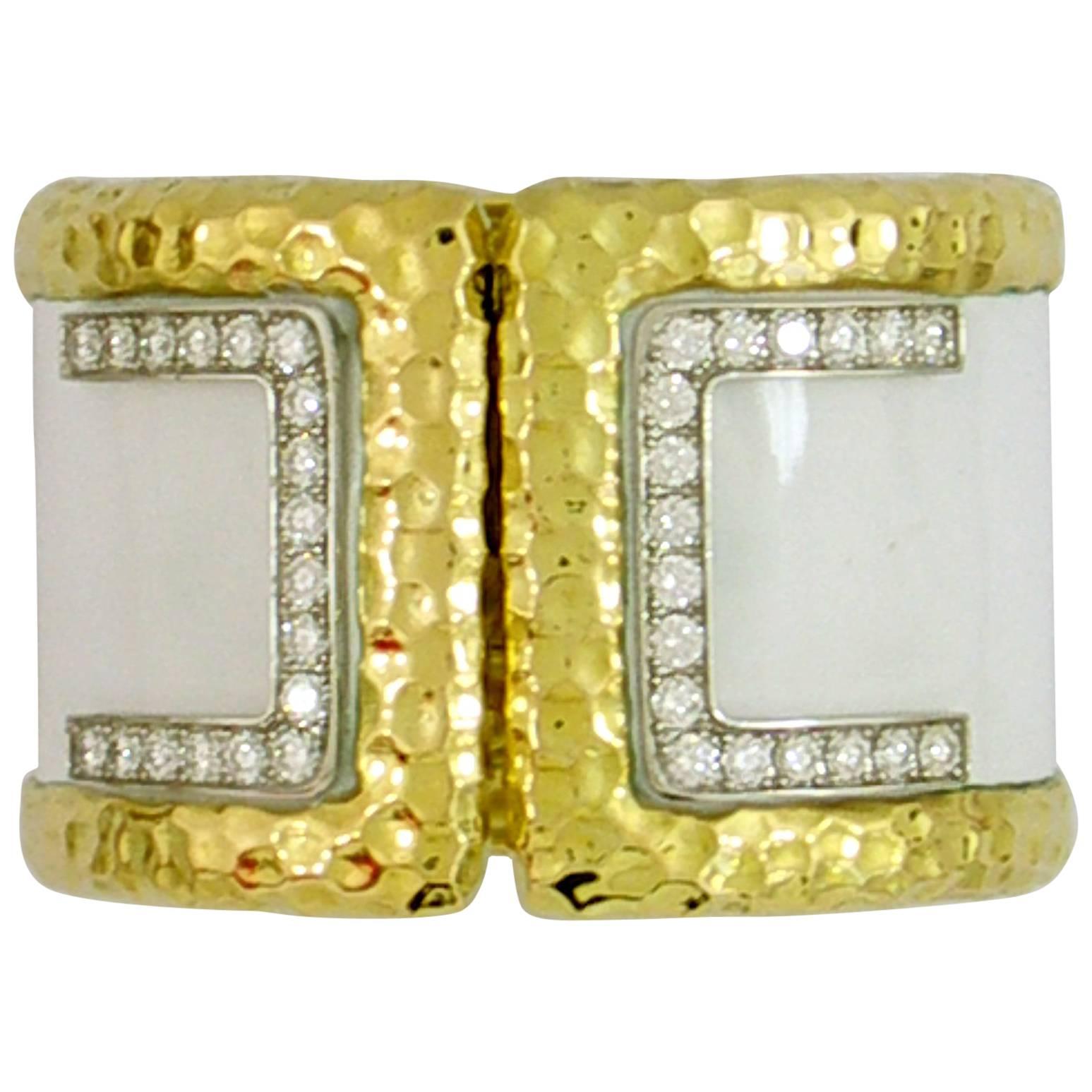 Wide Gold Cuff with Hammered Design and Diamonds