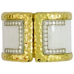 Wide Gold Cuff with Hammered Design and Diamonds