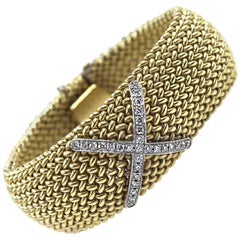 Diamond X Wide Textured 14 Karat Yellow Gold Soft Bangle Bracelet