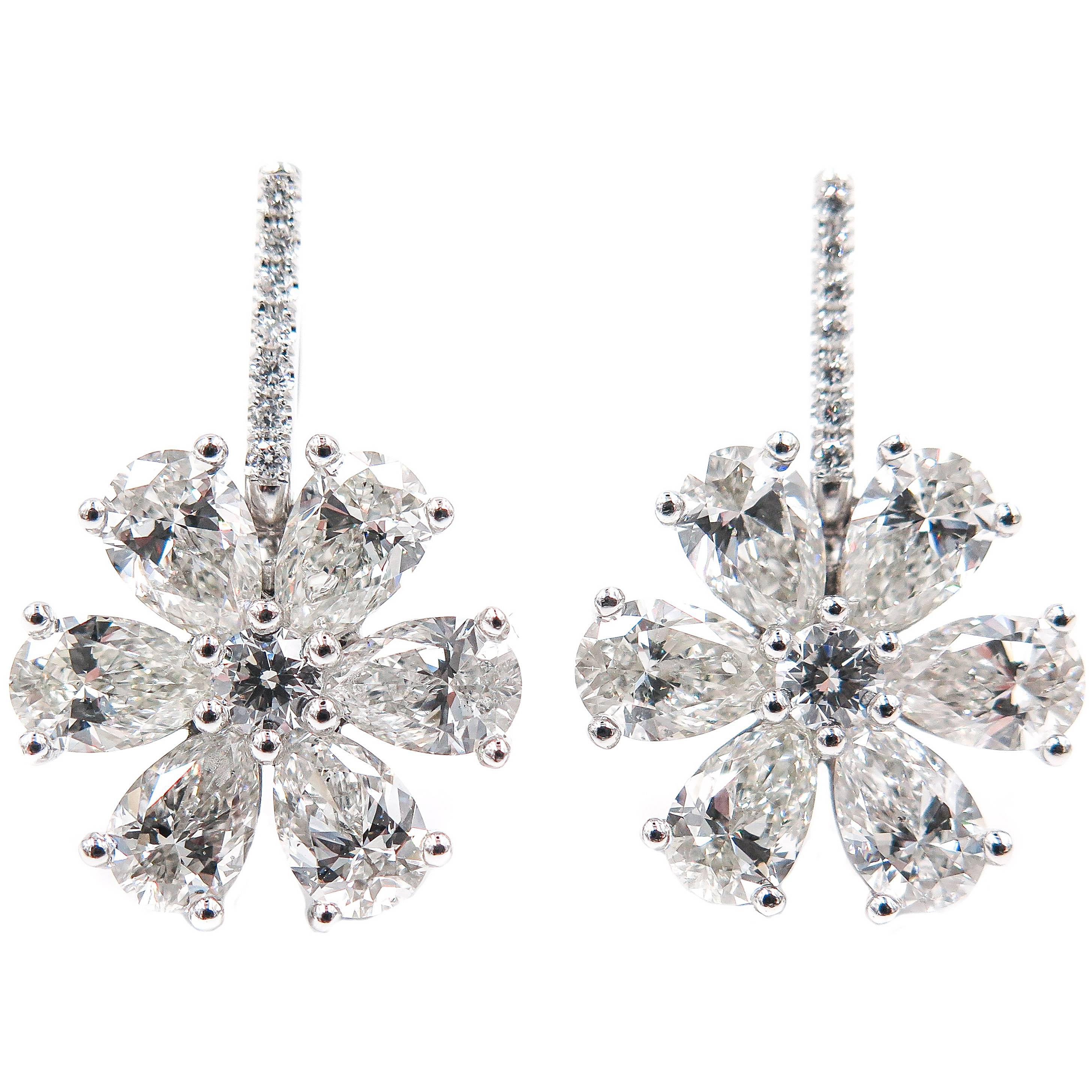 Diamond Flower Platinum Drop Earrings